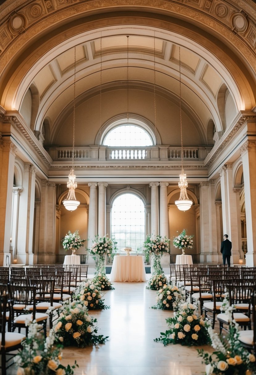 A grand museum hall with elegant architecture and ornate decor, set up for a wedding ceremony with lavish floral arrangements and soft lighting