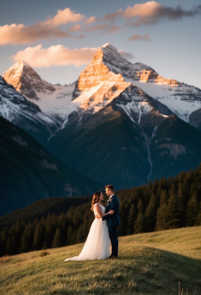 A couple stands on a grassy hill, framed by towering snow-capped mountains in the distance. The sun sets behind the peaks, casting a warm glow over the scene