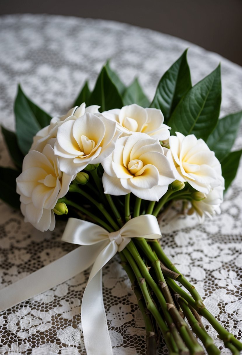 A cluster of gardenias tied with a satin ribbon, resting on a lace tablecloth