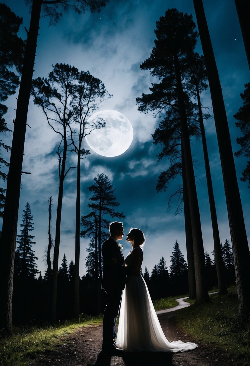 A couple stands in a moonlit forest, silhouetted against a dramatic sky, surrounded by tall trees and a winding path