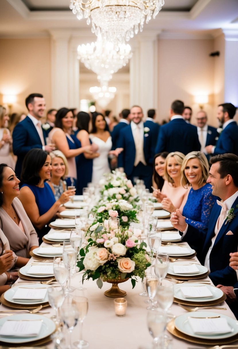 A beautifully set table with elegant place settings and floral centerpieces, surrounded by happy guests mingling and enjoying themselves at a classy wedding