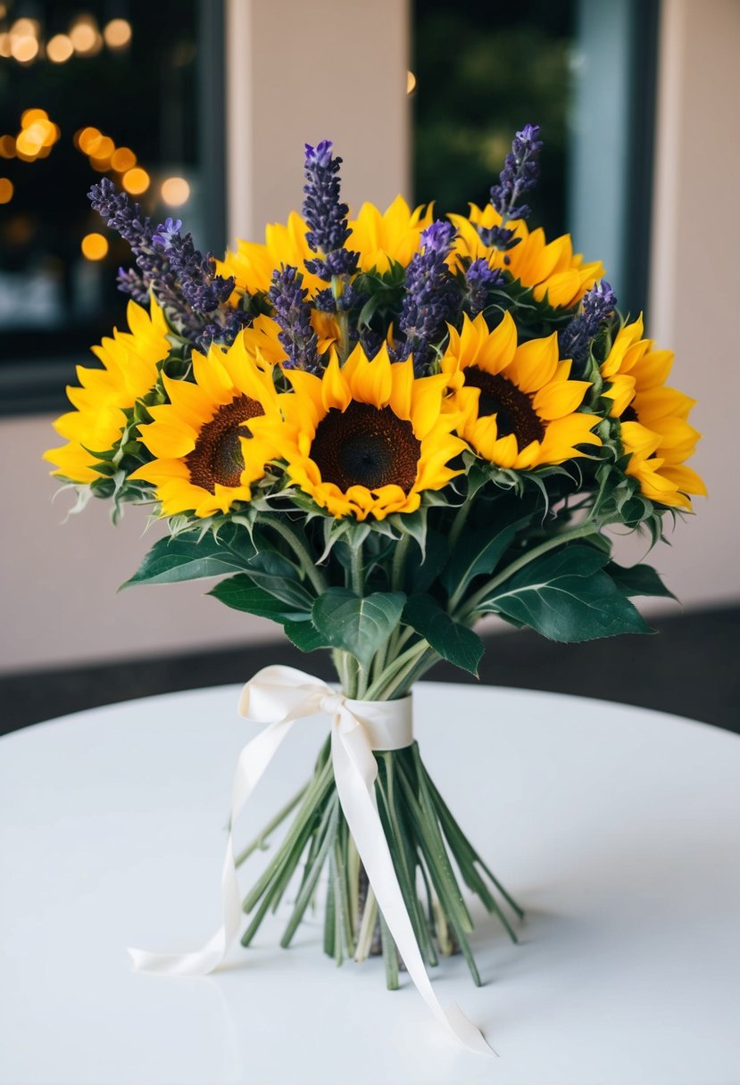 A bouquet of sunflowers and lavender, tied with a simple ribbon, rests on a white table