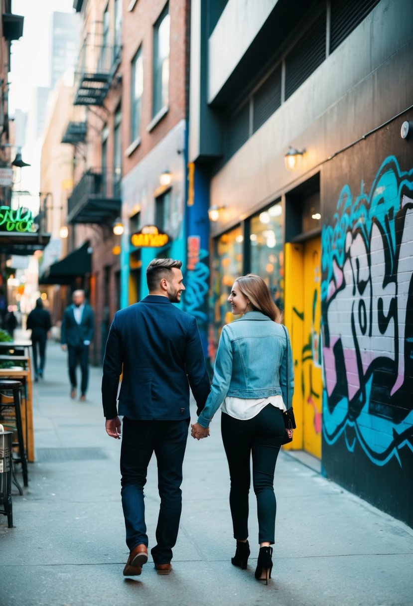 A couple strolling through a vibrant city alley, with graffiti-covered walls and trendy cafes in the background