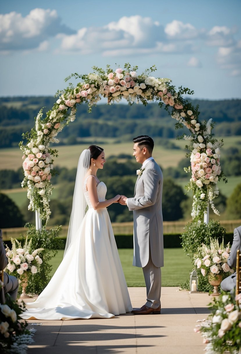 A bride and groom in traditional wedding attire exchange vows under a floral archway, surrounded by elegant decorations and a picturesque landscape