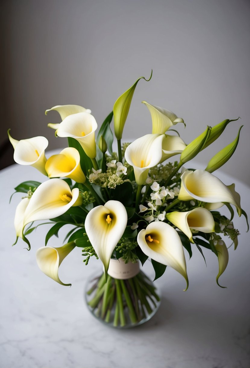 A delicate bouquet of calla lilies and freesias, arranged in a simple and elegant manner, with a soft color palette