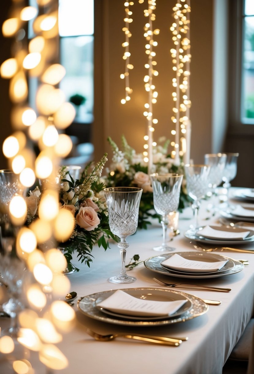 Soft, warm light cascades over a beautifully set dining table, highlighting crystal glasses and delicate floral arrangements