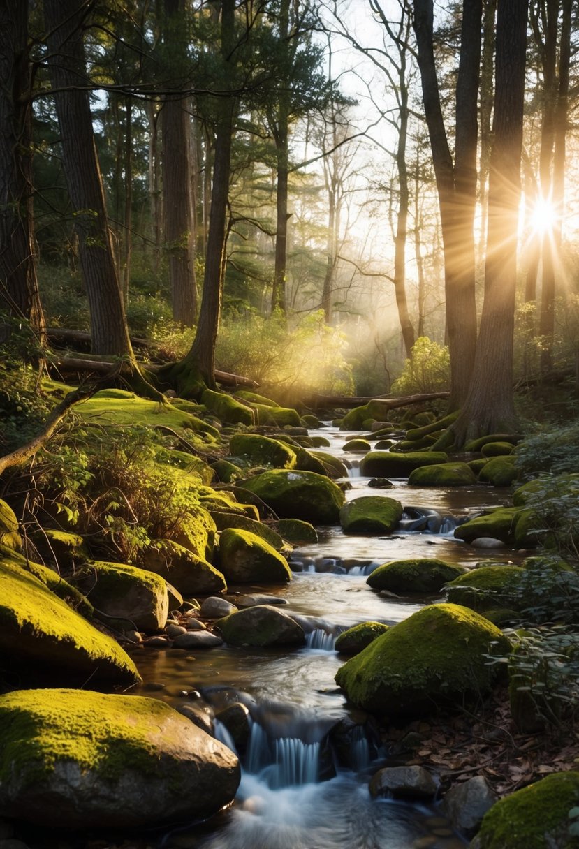 A serene woodland clearing with a babbling brook, moss-covered rocks, and sunlight filtering through the trees, creating a magical fairytale atmosphere