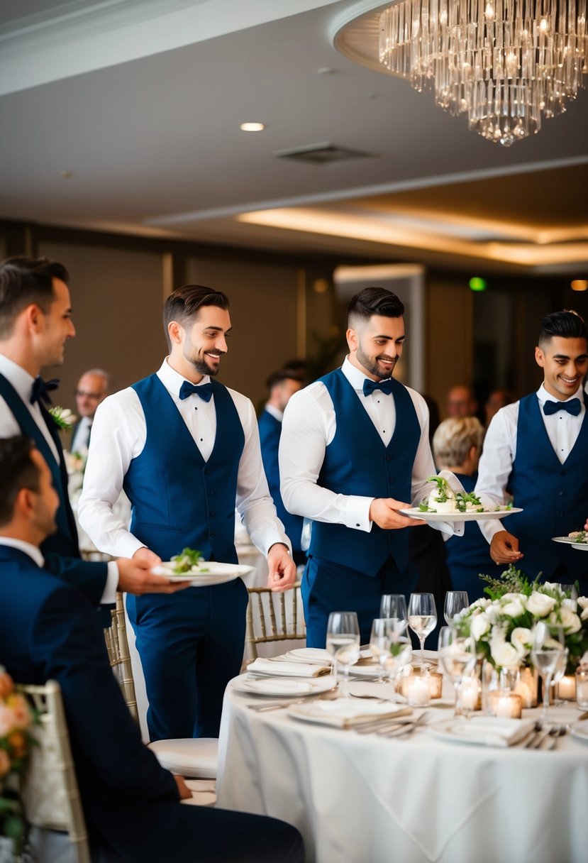 Several waiters in formal attire serve guests at a luxurious wedding reception, ensuring prompt and attentive service