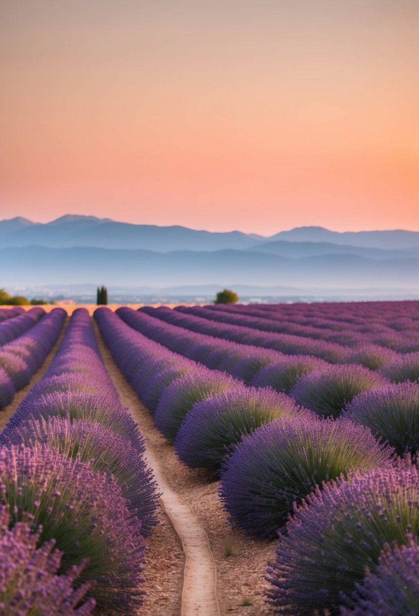 A tranquil lavender field at sunset with a winding path and distant mountains