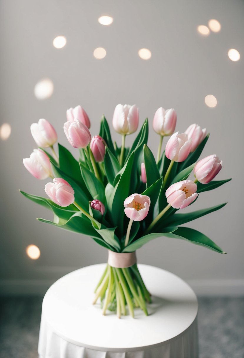 A bouquet of tulips and cherry blossoms arranged in a simple and elegant style