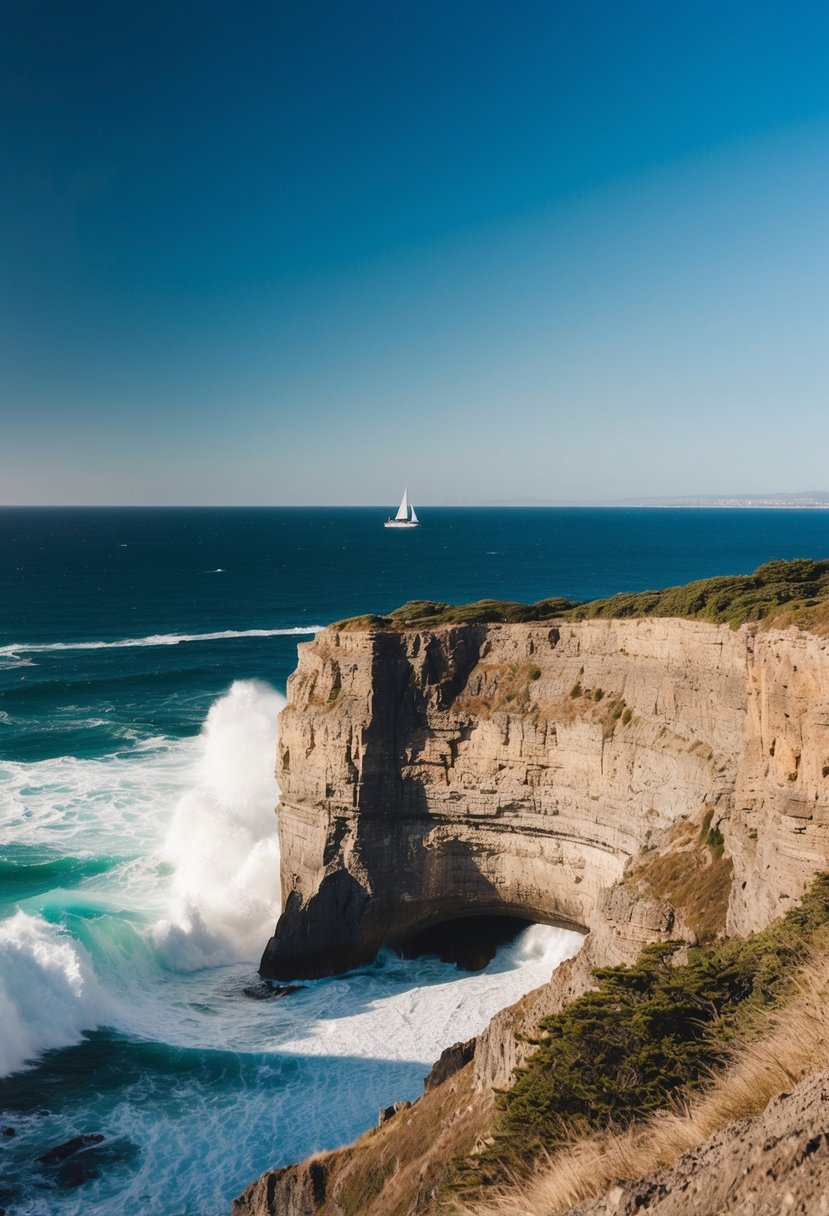 A rugged cliffside overlooks the crashing waves, with a clear blue sky above and a distant sailboat on the horizon