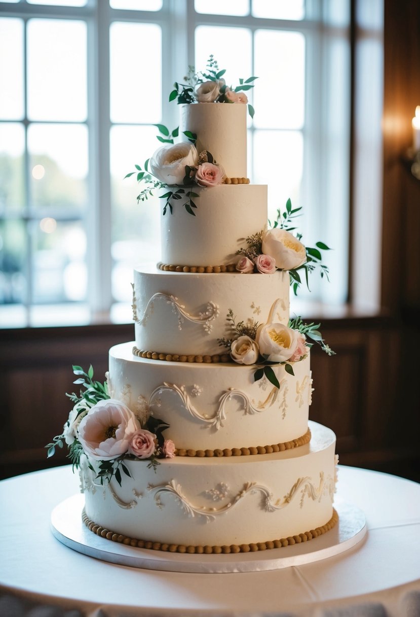 A tiered wedding cake adorned with elegant floral decorations and intricate piping designs