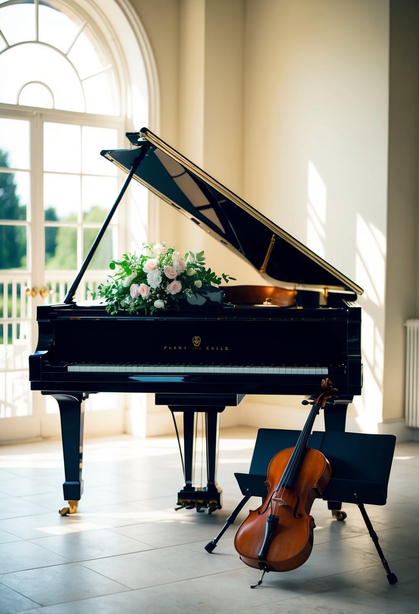 A grand piano sits in a sunlit room, adorned with fresh flowers. A violin and cello stand nearby, ready to play classical wedding music