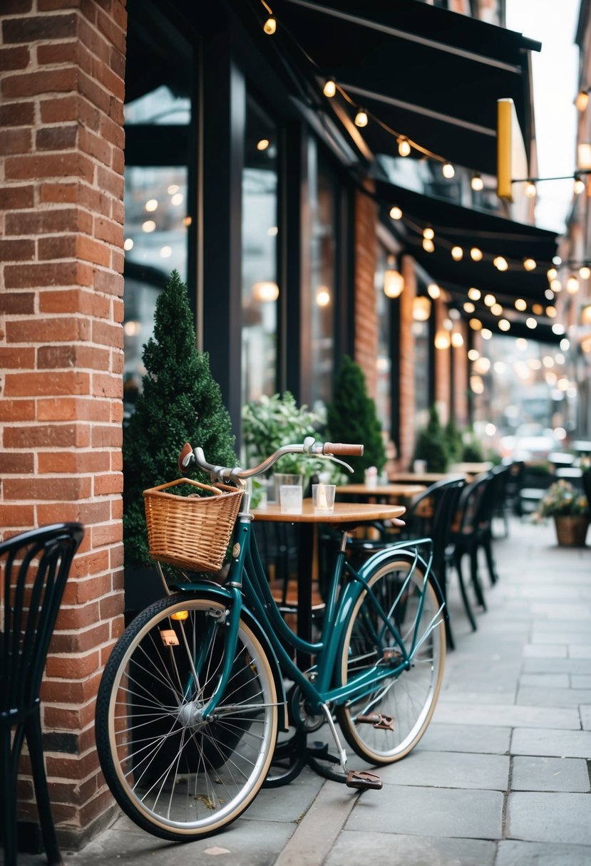 A cozy cafe with bistro tables, string lights, and potted plants. A vintage bicycle with a basket leans against a brick wall