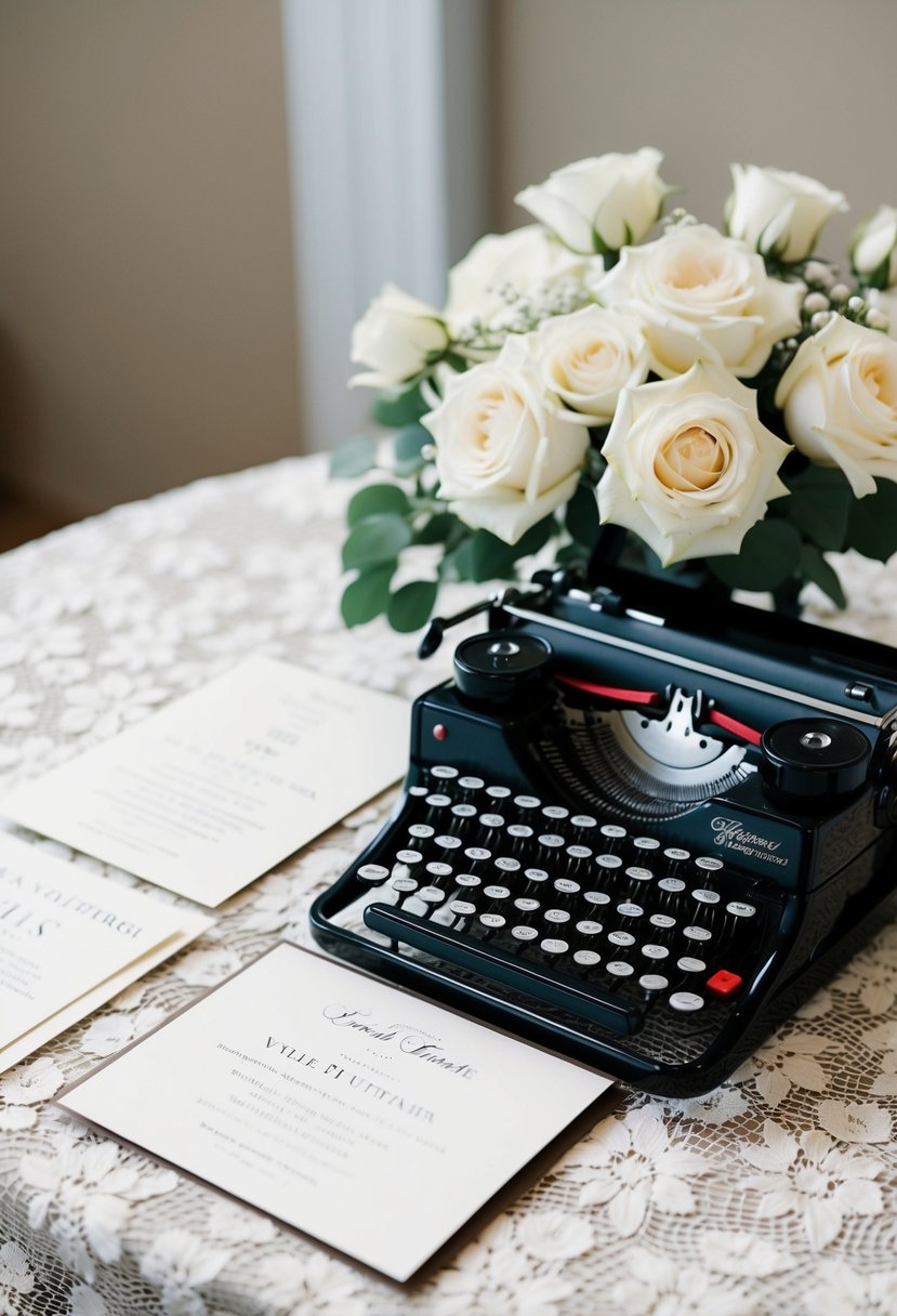 A table with a vintage typewriter, elegant wedding invitations, and a bouquet of white roses on a lace tablecloth