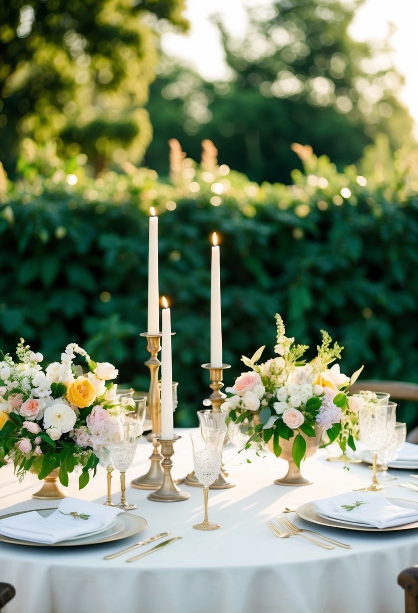 A table adorned with fresh flowers, elegant candlesticks, and delicate white linens, set against a backdrop of lush greenery and warm sunlight