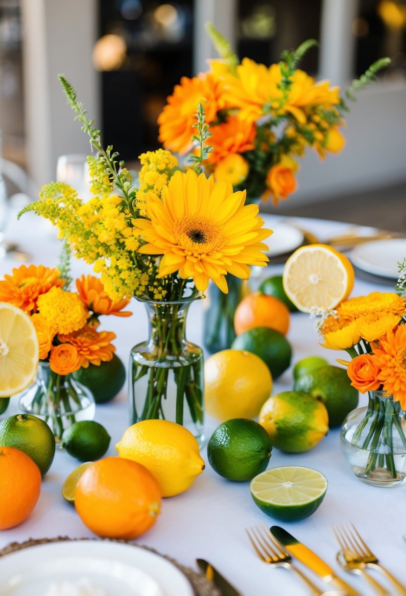 A table decorated with citrus-themed centerpieces, including lemons, limes, and oranges, paired with vibrant yellow and orange flowers in glass vases