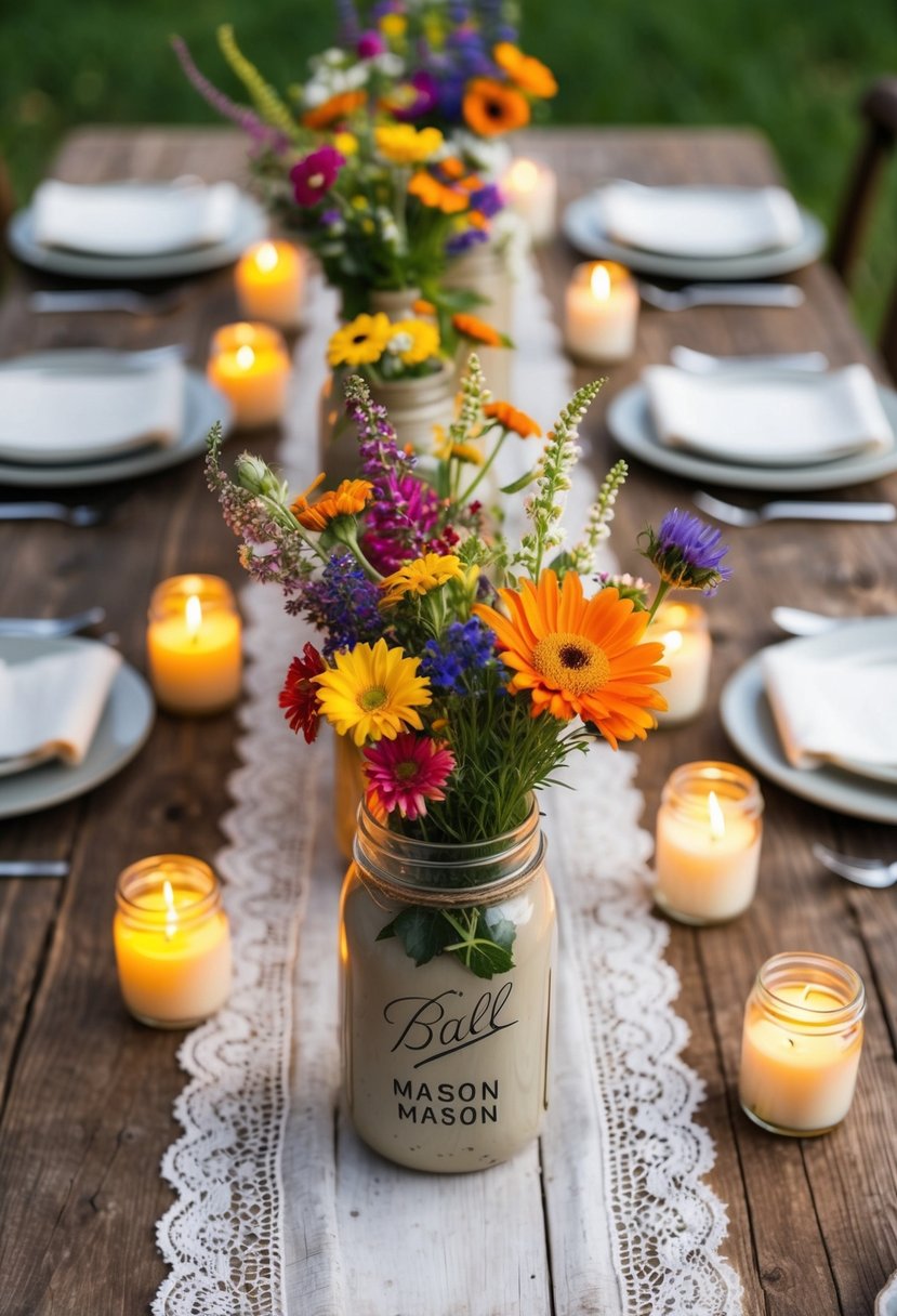 A rustic wooden table adorned with colorful wildflowers in mason jar vases, surrounded by flickering tea light candles and delicate lace table runners