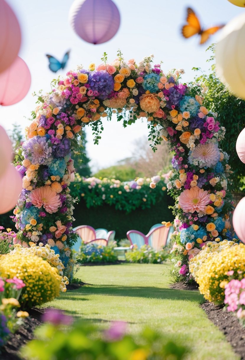 A blooming garden with a colorful floral arch, surrounded by pastel-hued decorations and fluttering butterflies