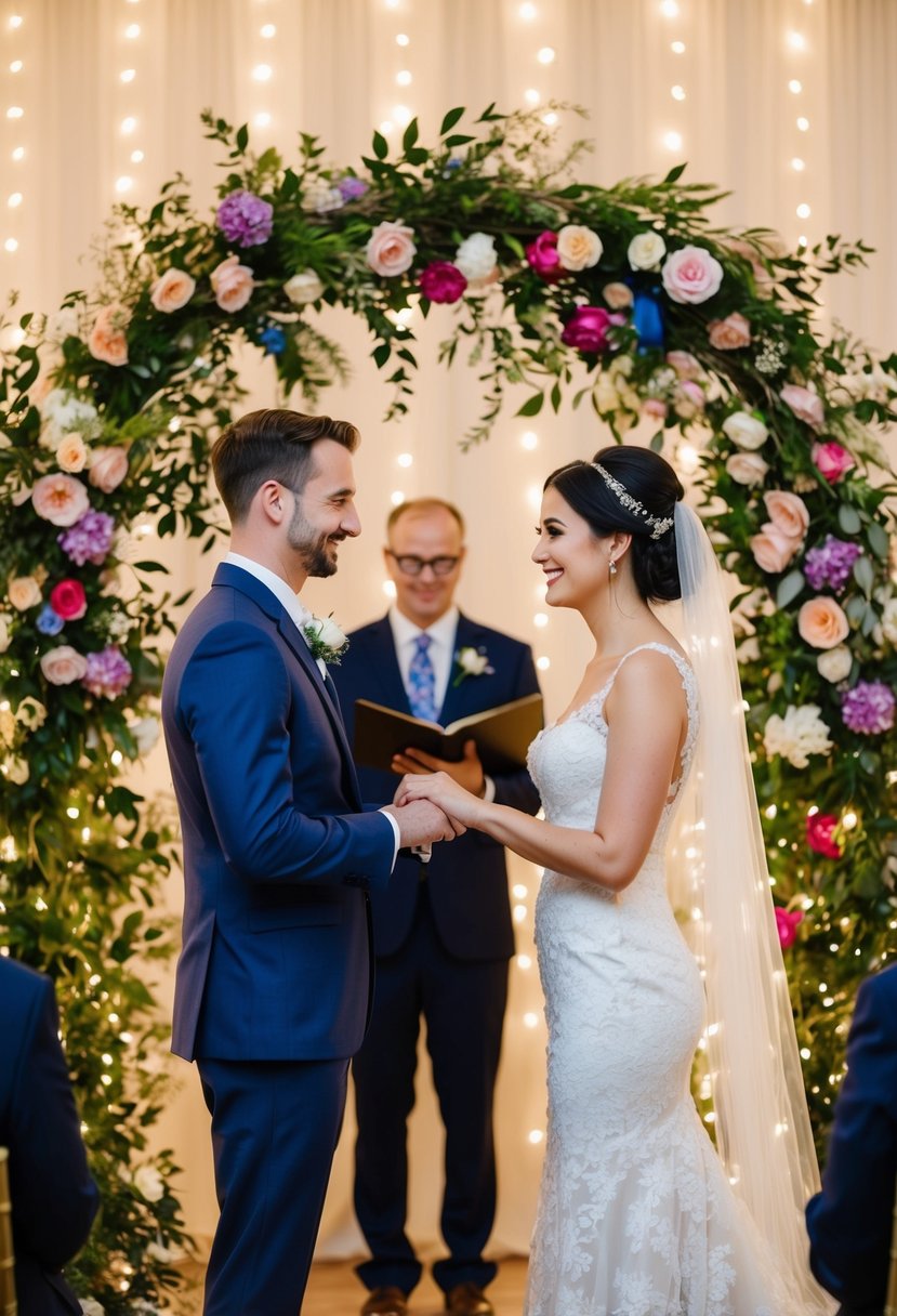 A bride and groom exchanging vows under a floral arch, surrounded by twinkling lights and colorful decorations