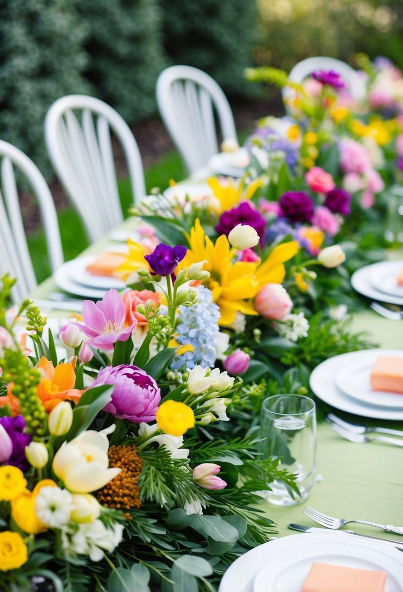 A table adorned with colorful floral arrangements, featuring a mix of spring blooms and greenery, set against a garden backdrop