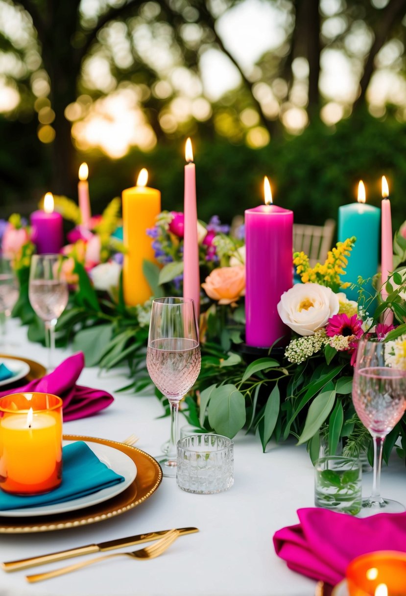 A table set with vibrant colored candles, flowers, and greenery for a summer wedding