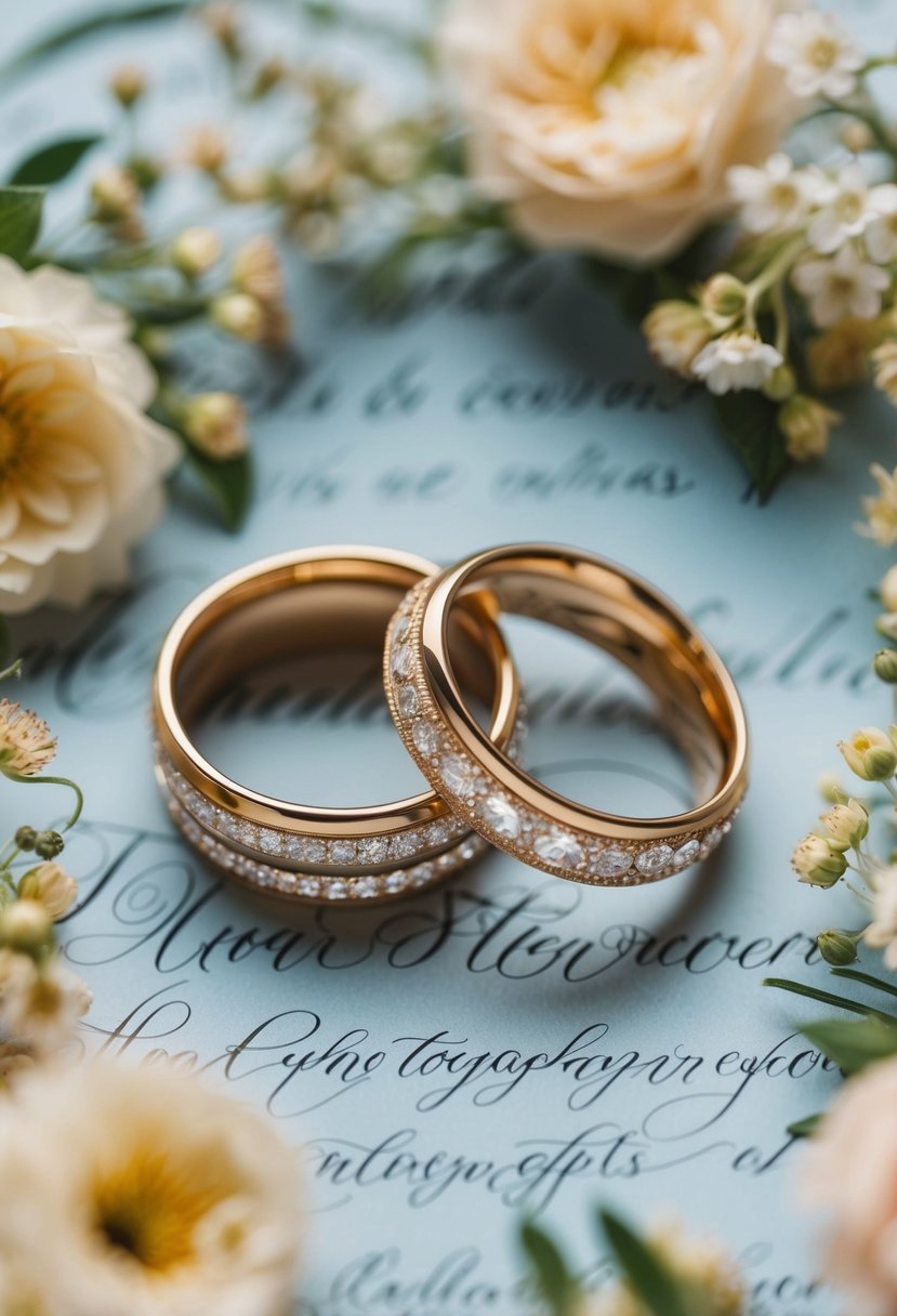 A pair of interlocking wedding rings surrounded by delicate floral arrangements and elegant calligraphy