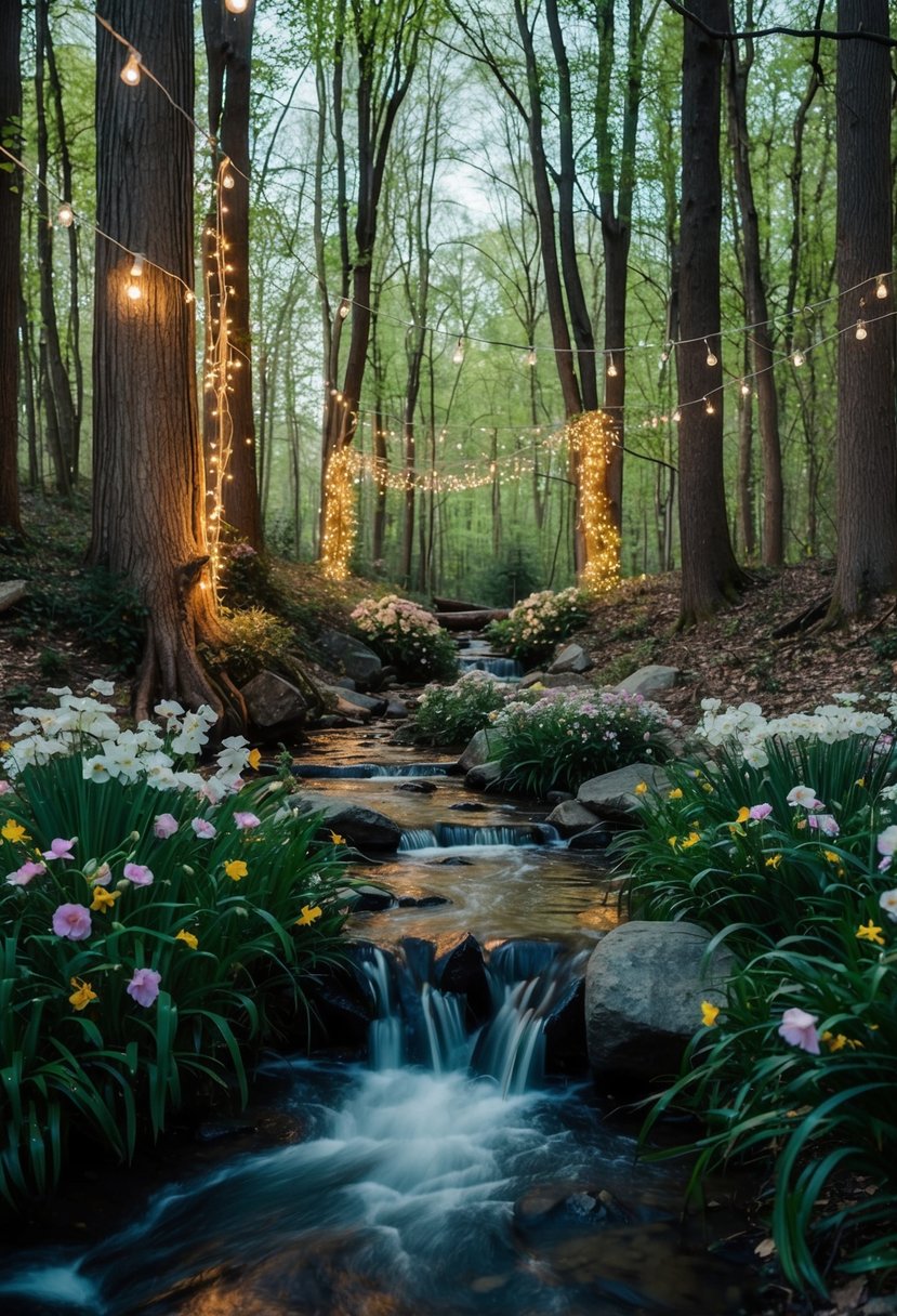 An enchanted forest with fairy lights, blooming flowers, and a flowing stream, perfect for a spring wedding