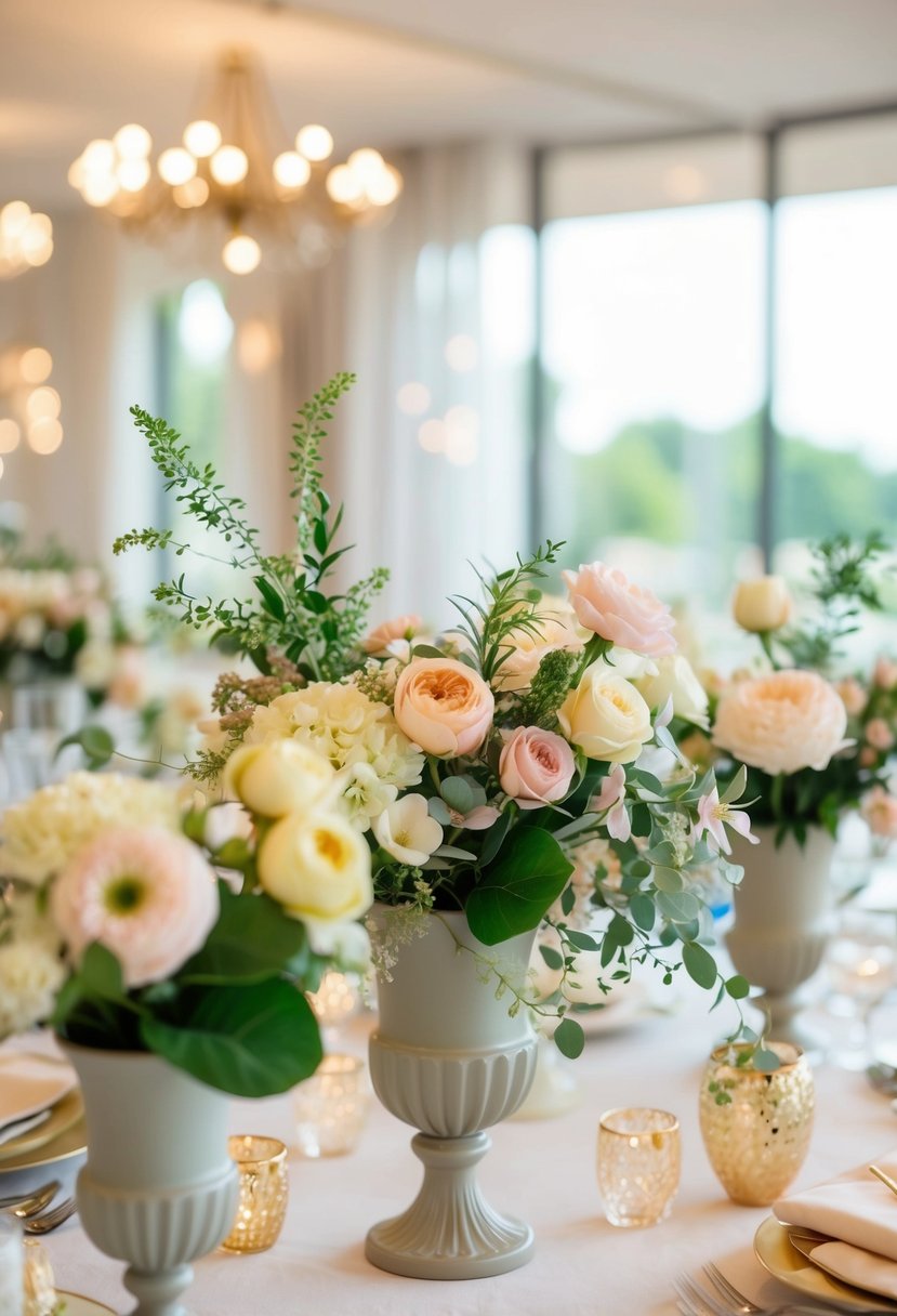 A table adorned with tonal flowers in soft pastel hues, accented with delicate greenery and placed in elegant vases, creating a dreamy summer wedding atmosphere