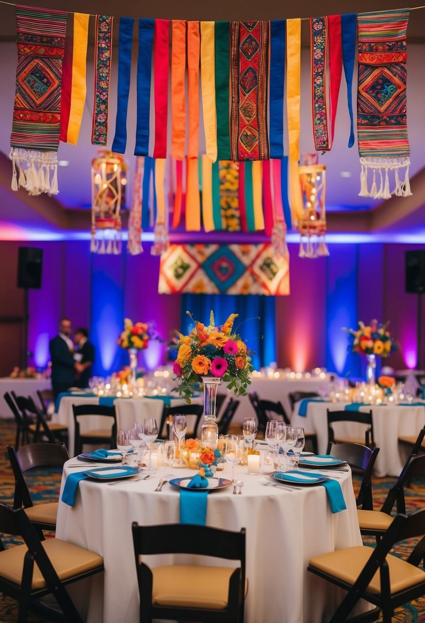 A vibrant wedding reception with colorful cultural decorations, such as traditional textiles, pottery, and artwork, adorning the venue