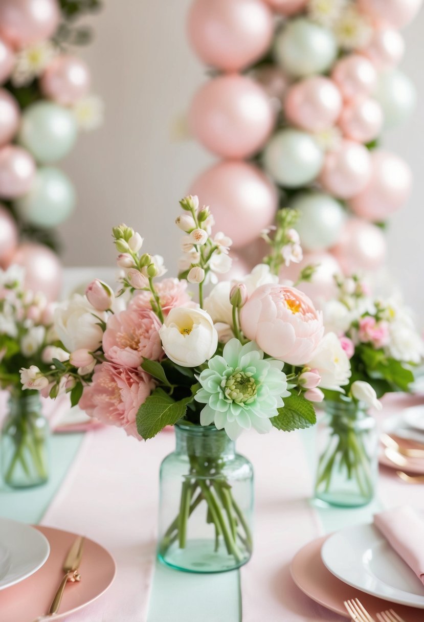 A spring wedding scene with blush pink and mint green decor, blooming flowers, and soft pastel accents