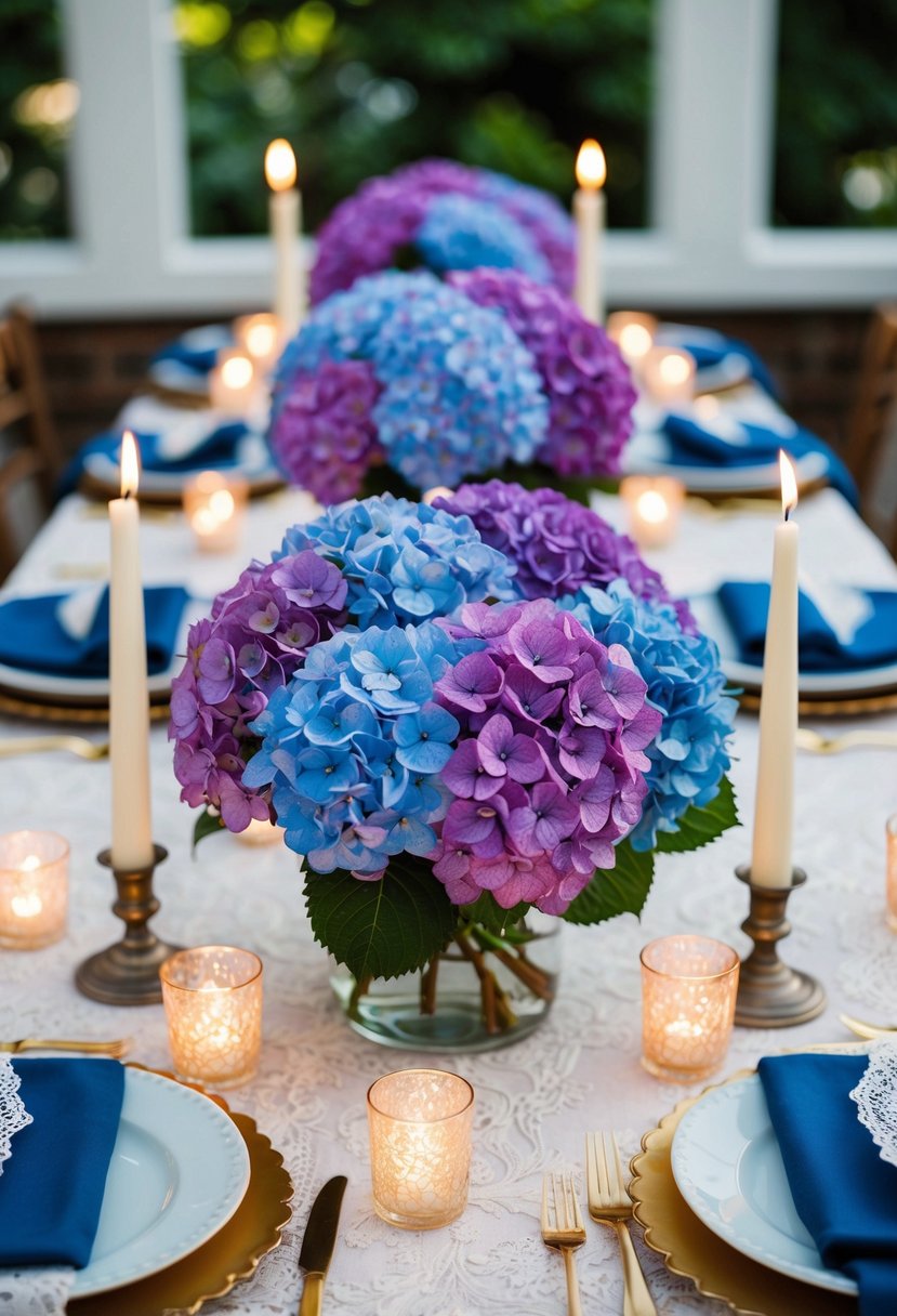 A table adorned with blue and purple hydrangeas, surrounded by flickering candles and delicate lace accents