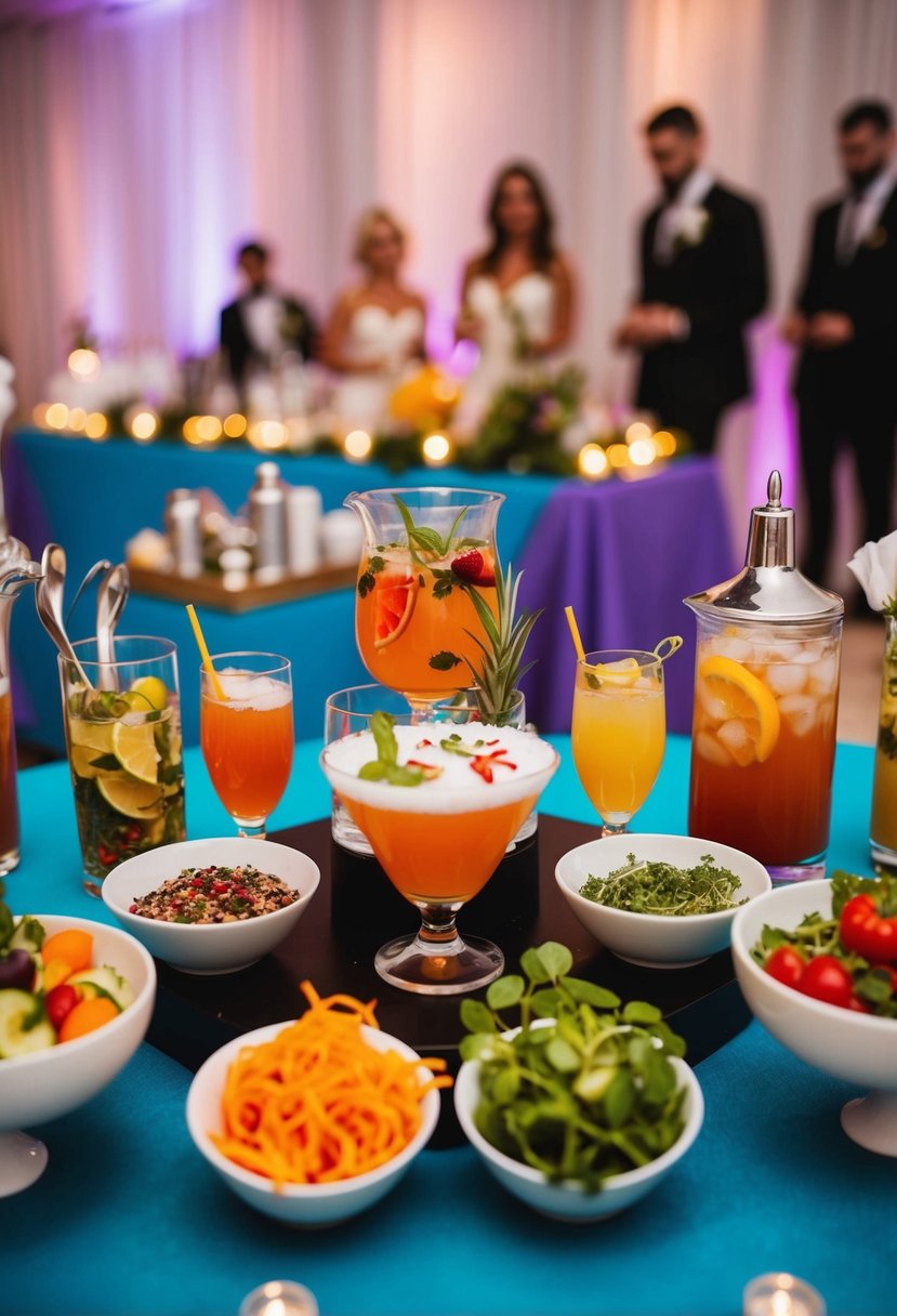 A festive wedding reception with a vibrant cocktail-making station, complete with a variety of ingredients, garnishes, and mixology tools