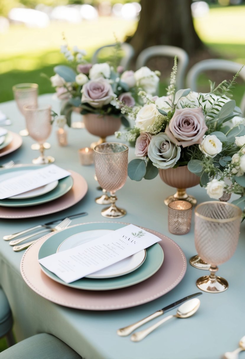 A soft, muted palette of sage green, dusty rose, and pale gold adorns a summer wedding table. Delicate floral arrangements and vintage-inspired tableware complete the elegant, understated look