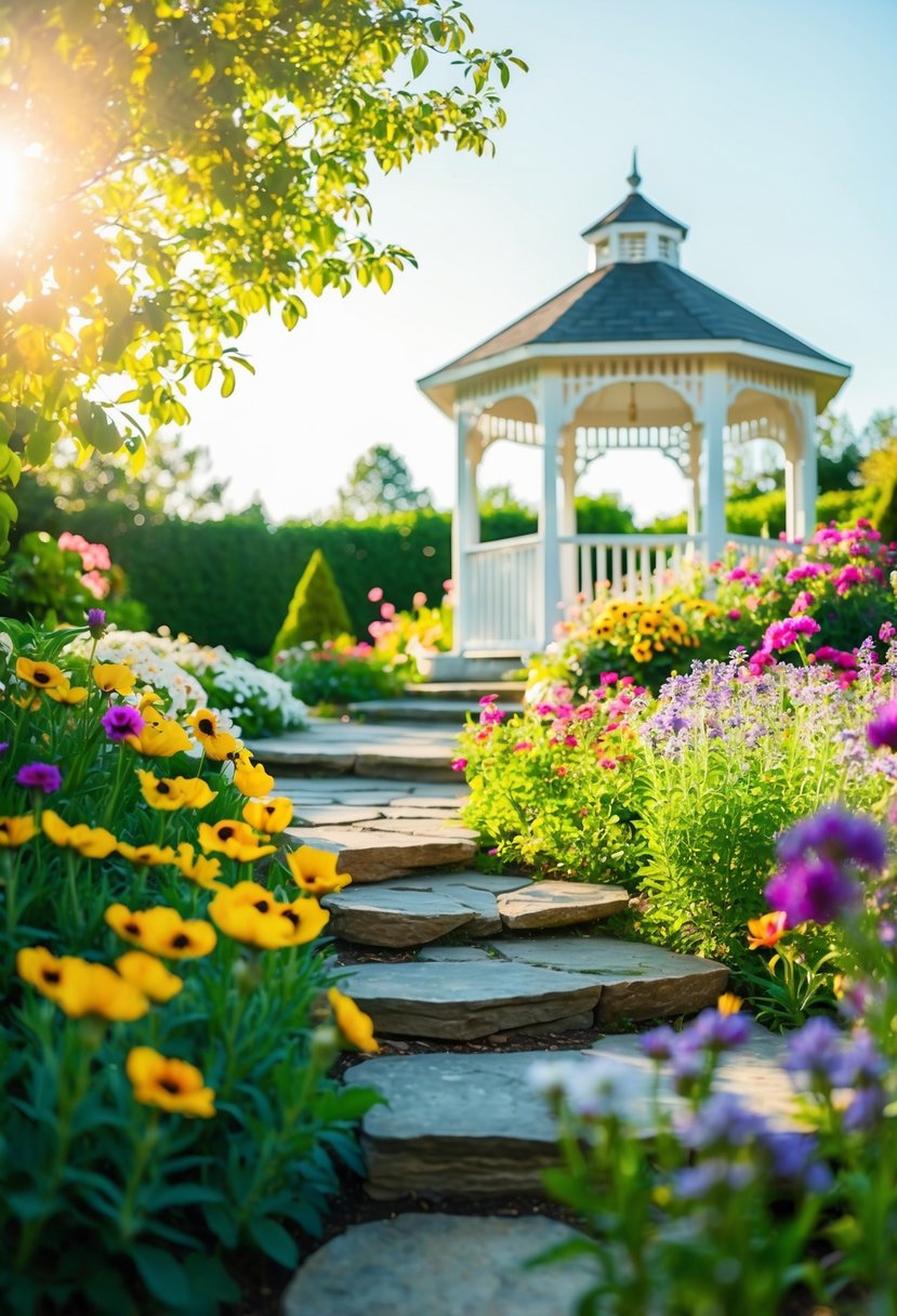 A blooming garden with a stone pathway and a gazebo surrounded by colorful flowers, bathed in soft sunlight