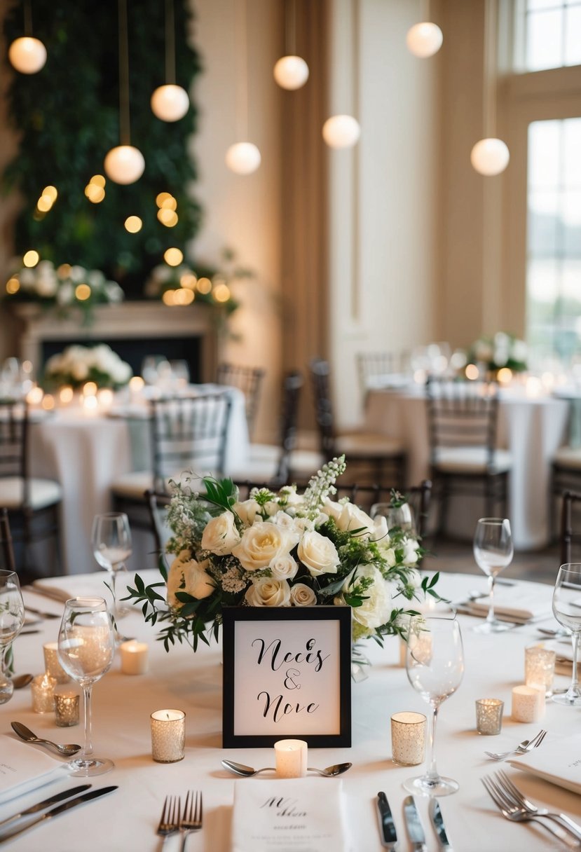 A table set with wedding-themed items scattered around a room with soft lighting and decorative elements