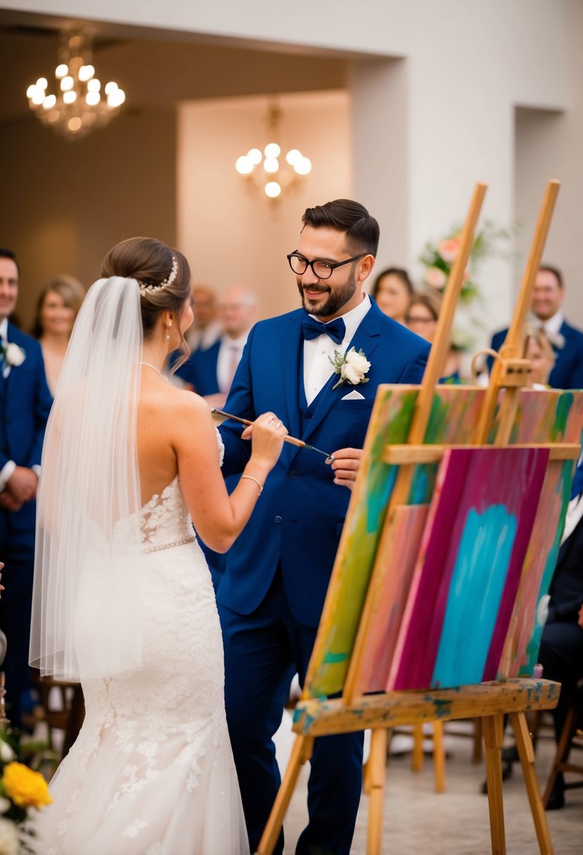 A painter captures the ceremony in vibrant colors, surrounded by easels and paintbrushes, adding a creative touch to the wedding atmosphere