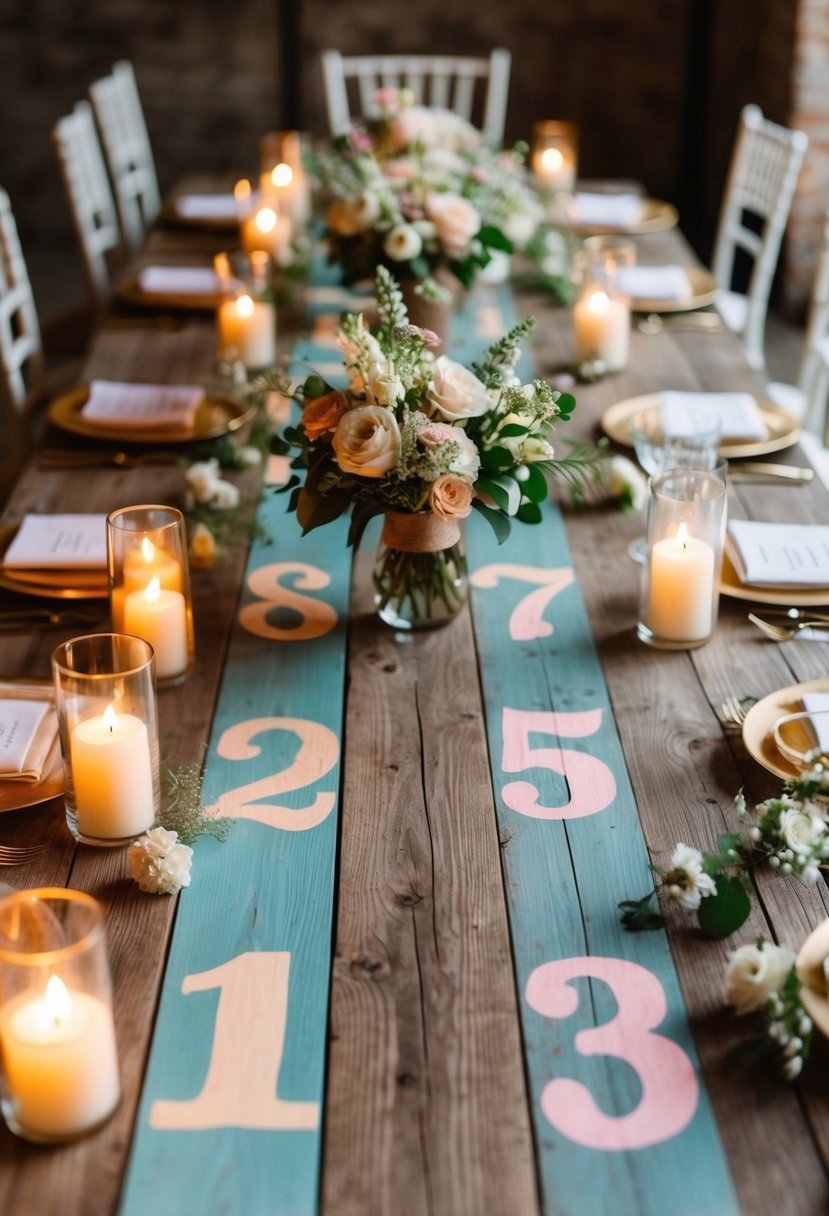 A rustic wooden table adorned with hand-painted numbers in summery pastel colors, surrounded by delicate floral centerpieces and glowing candlelight