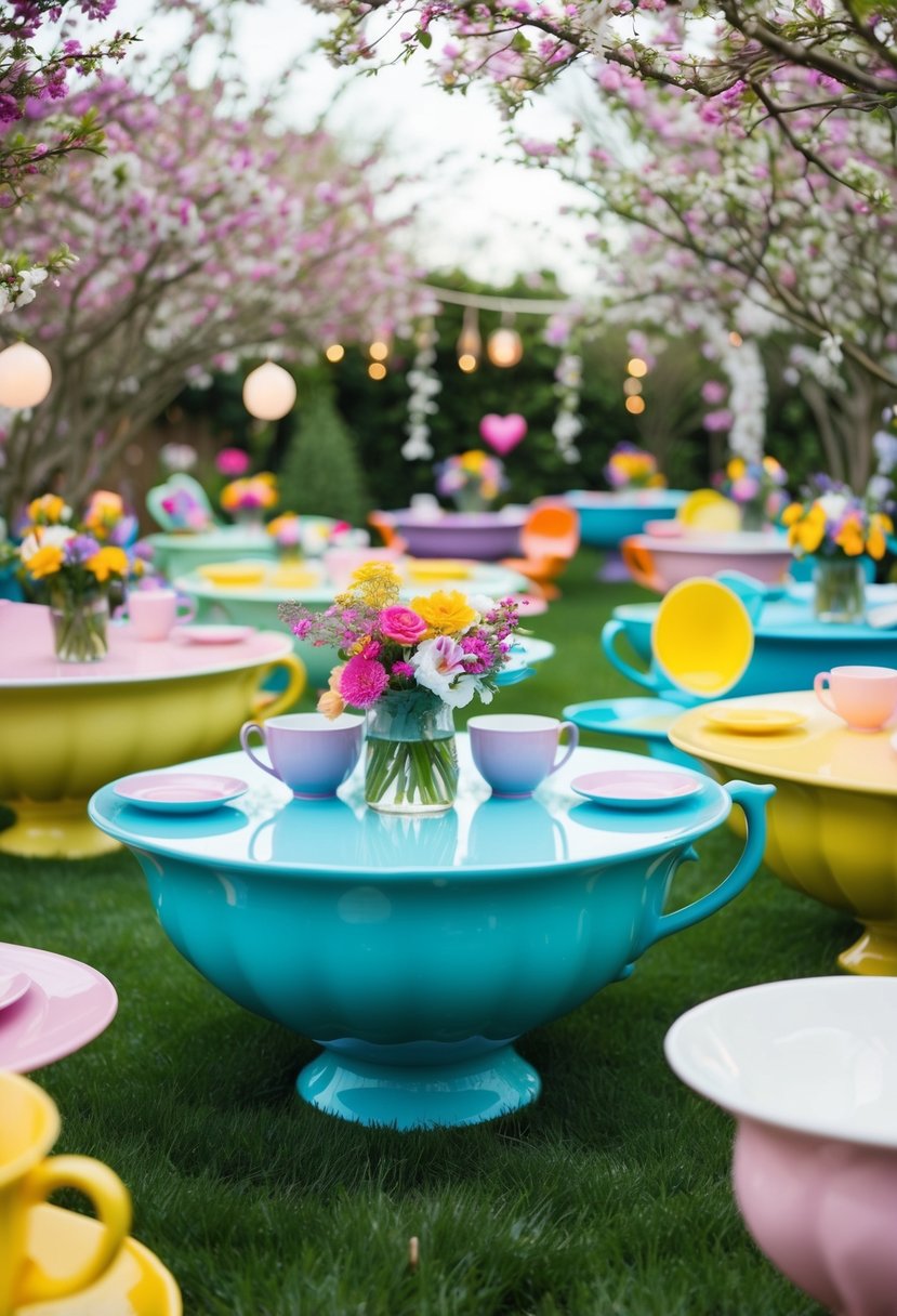 A colorful garden with oversized teacups and saucers as tables, surrounded by blooming flowers and whimsical decorations for a spring wedding reception