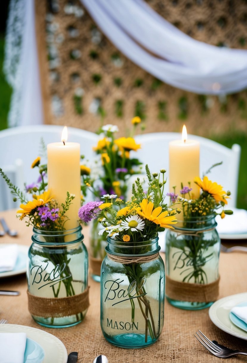 Rustic mason jars filled with wildflowers and candles adorn a summer wedding table, set against a backdrop of burlap and lace