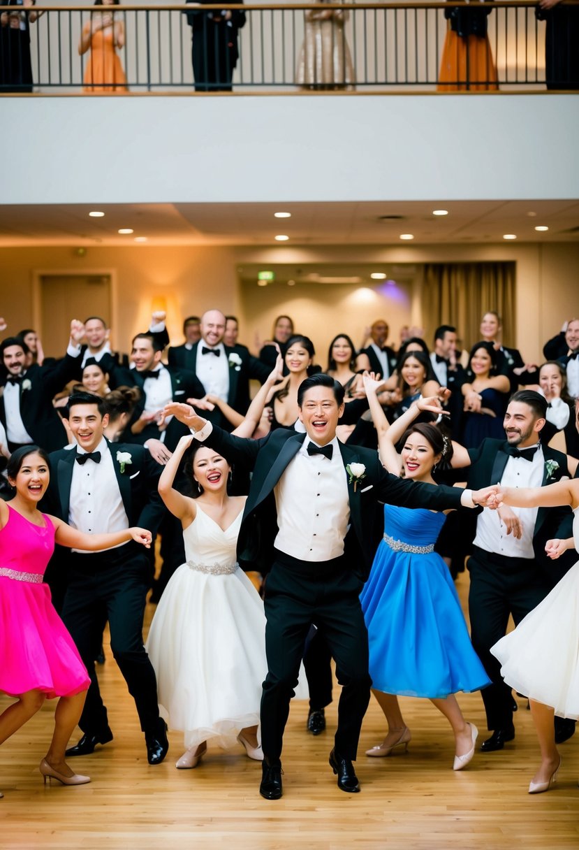 A group of dancers in formal attire surprise wedding guests with a flash mob, filling the space with joyful movement and music