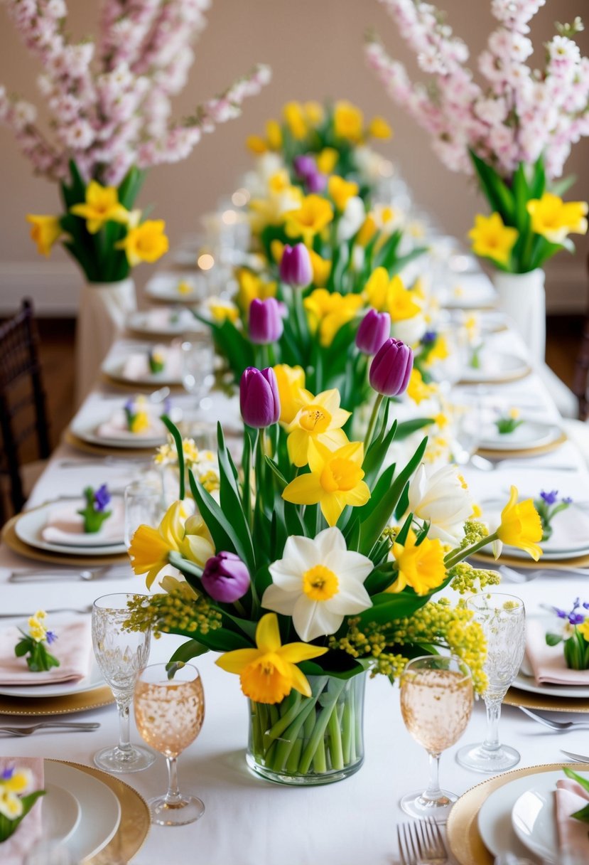 A table adorned with vibrant spring flowers, including tulips, daffodils, and cherry blossoms, arranged in elegant centerpieces for a wedding celebration