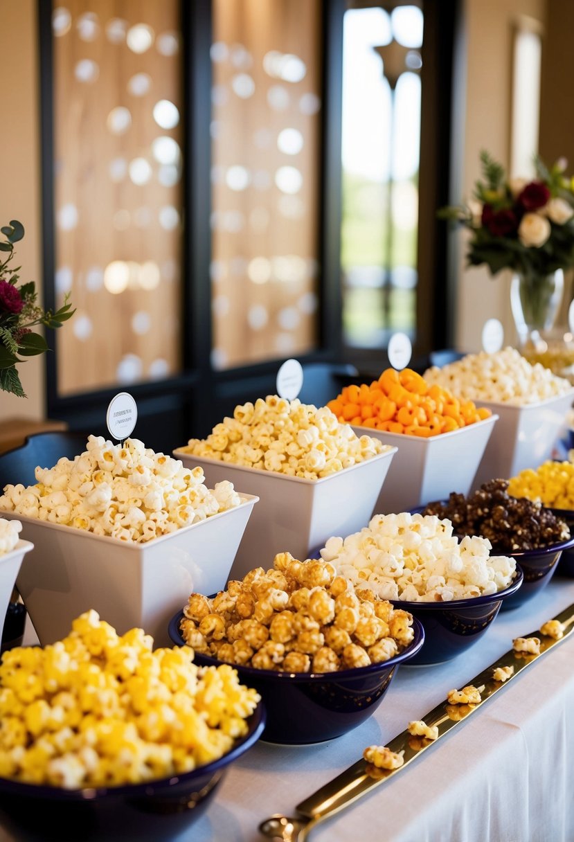 A colorful array of gourmet popcorn flavors displayed on a table with decorative toppings and serving containers, set up for a creative wedding popcorn bar