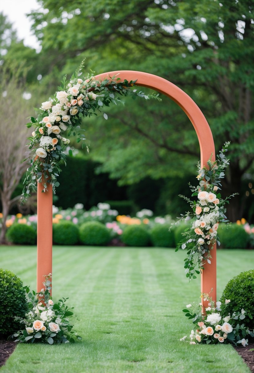 A terracotta and forest green wedding arch adorned with spring flowers in a lush garden setting