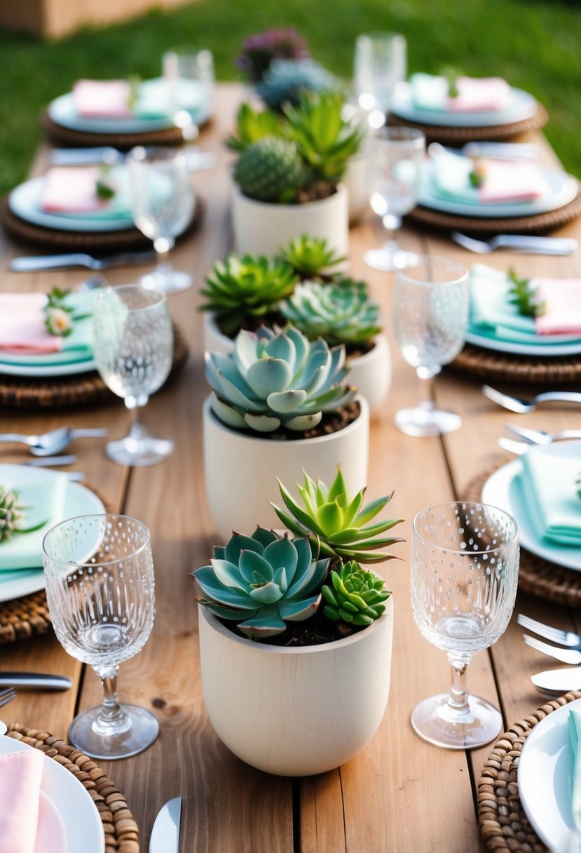 A wooden table adorned with various succulent planters, surrounded by pastel-colored table linens and sparkling glassware for a summer wedding celebration