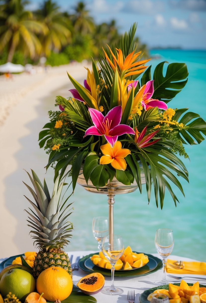 A table adorned with vibrant tropical flowers, lush greenery, and exotic fruits, set against a backdrop of sandy beaches and turquoise waters