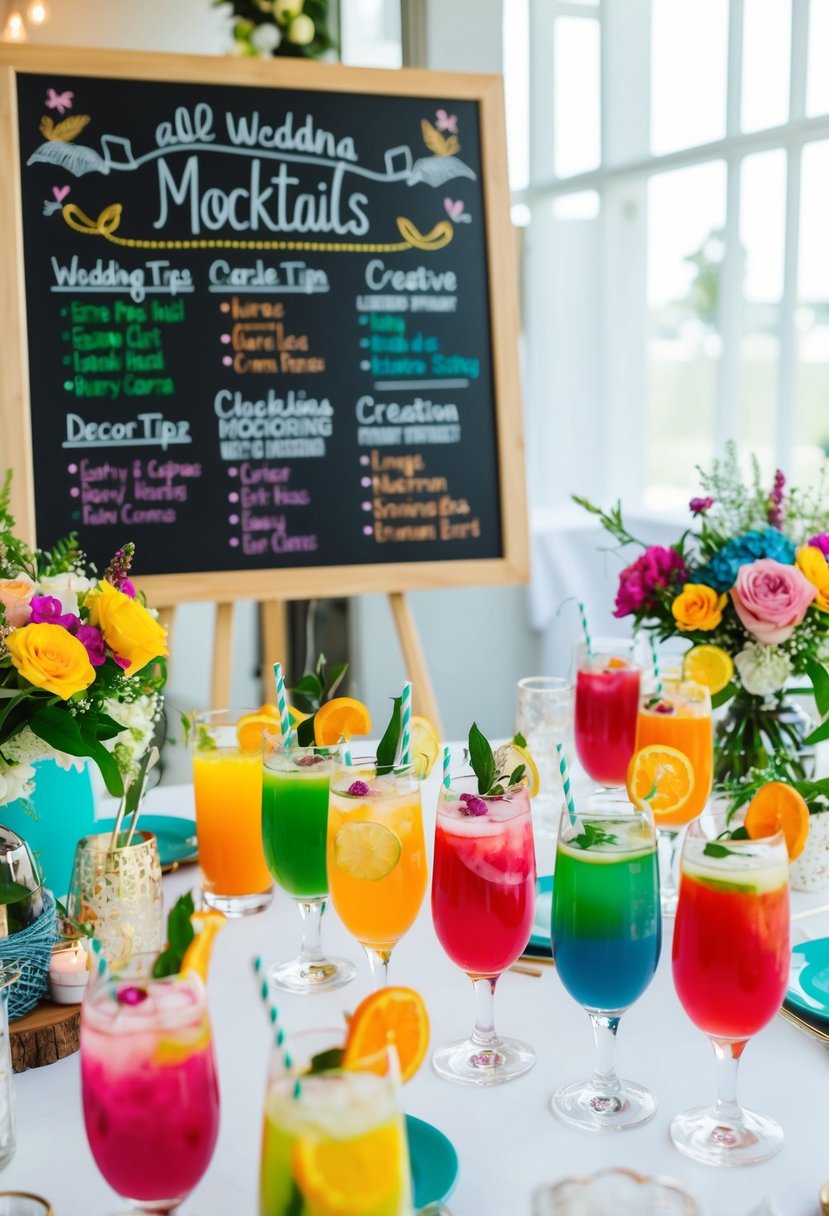 A table adorned with colorful themed mocktails, surrounded by wedding decor and creative tips displayed on a chalkboard