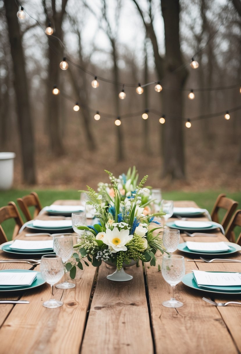 A rustic wooden table adorned with spring wedding decorations