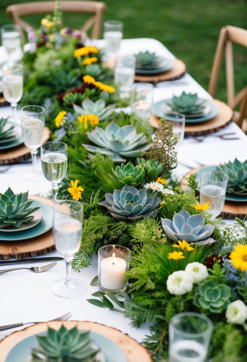 A table adorned with lush greenery, succulents, and wildflowers for a summer wedding centerpiece