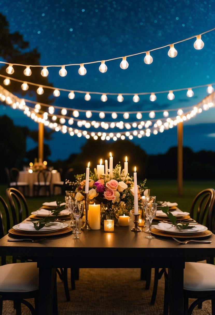 A table set with candles and flowers, surrounded by twinkling lights under a starry sky